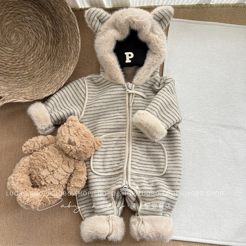 宝宝冬季加绒加厚连体哈衣外出服