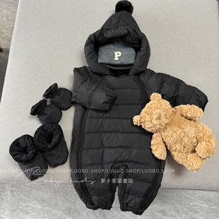 男女宝宝冬款加厚黑色白鸭绒羽绒连体衣包脚婴儿羽绒服防风外套潮