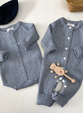 男女宝宝秋冬季加厚针织连体衣毛衣婴儿洋气灰色毛线包屁哈衣爬服