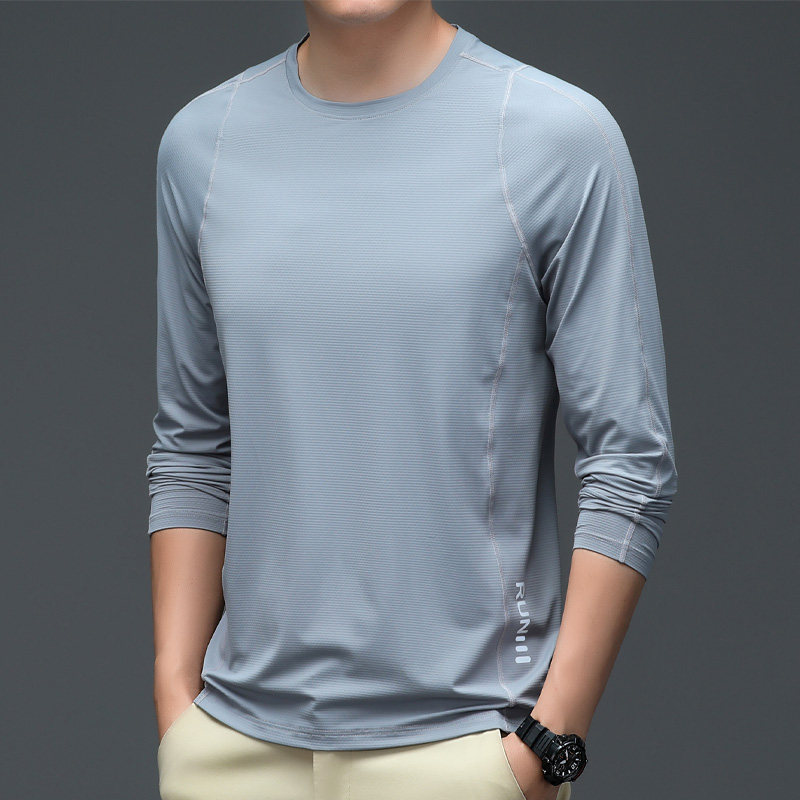冰丝长袖t恤男夏季户外运动健身休闲无痕速干圆领凉感防晒空调衣