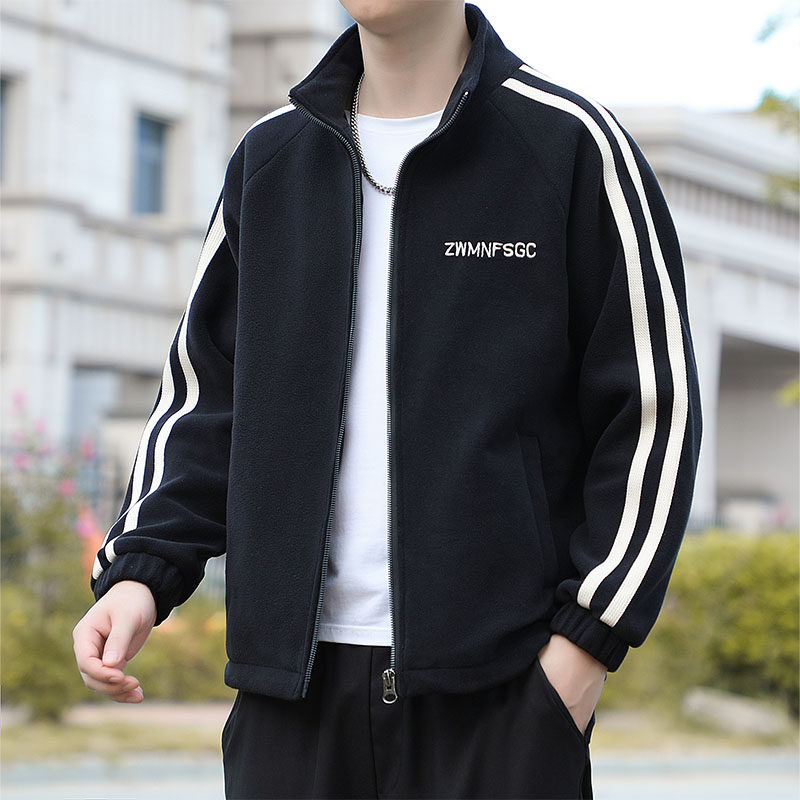 双杠刺绣高品质摇粒绒立领开衫卫衣学生休闲运动落肩薄款流行外套