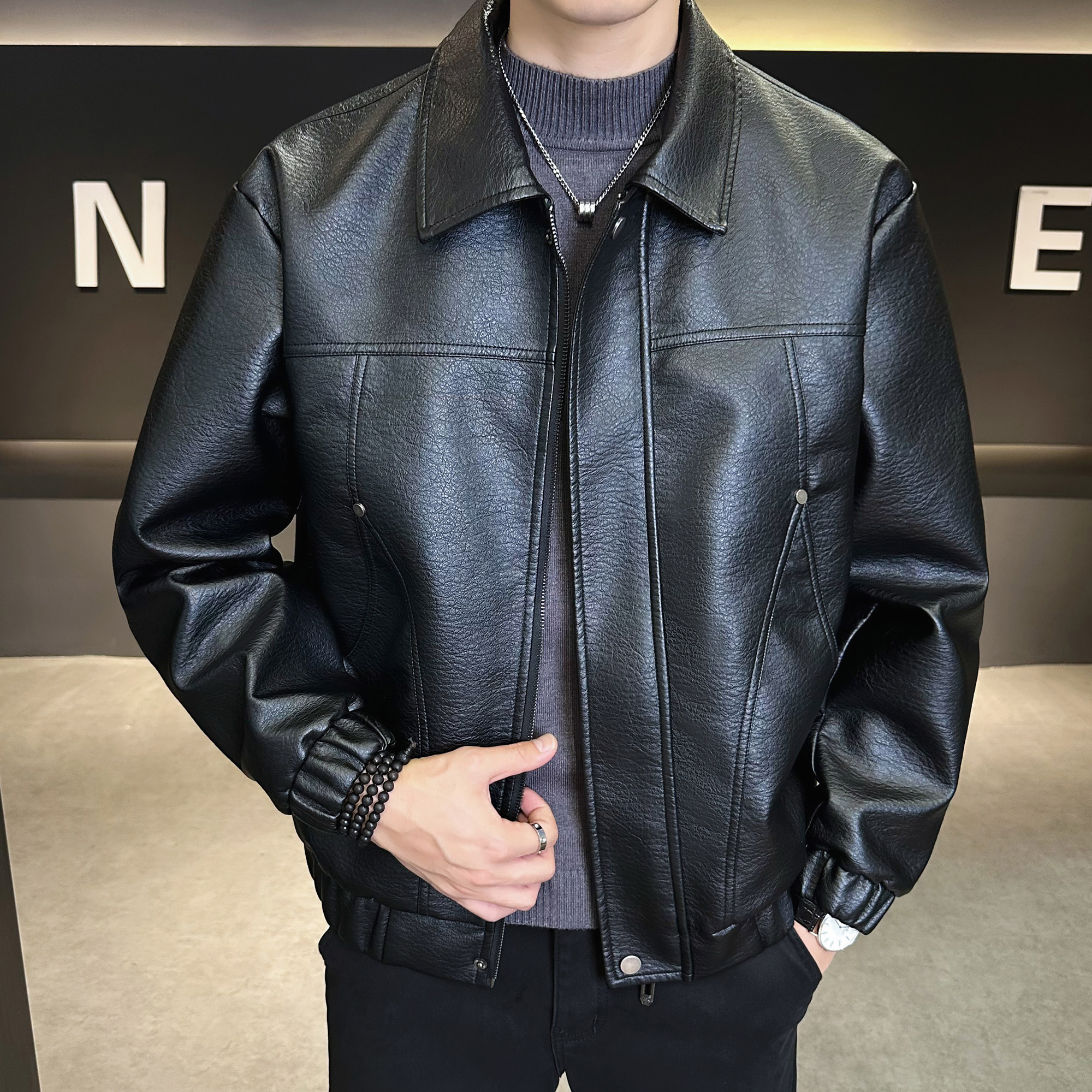 男士休闲实惠厂价PU皮衣春秋黑色痞帅翻领夹克薄工装新款底价外套