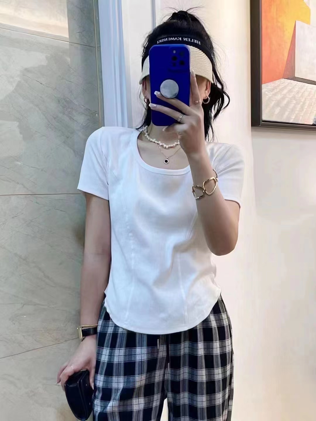 蚂蚁腰短袖锁骨领打底衫 方领T恤不规则女上衣棉t血