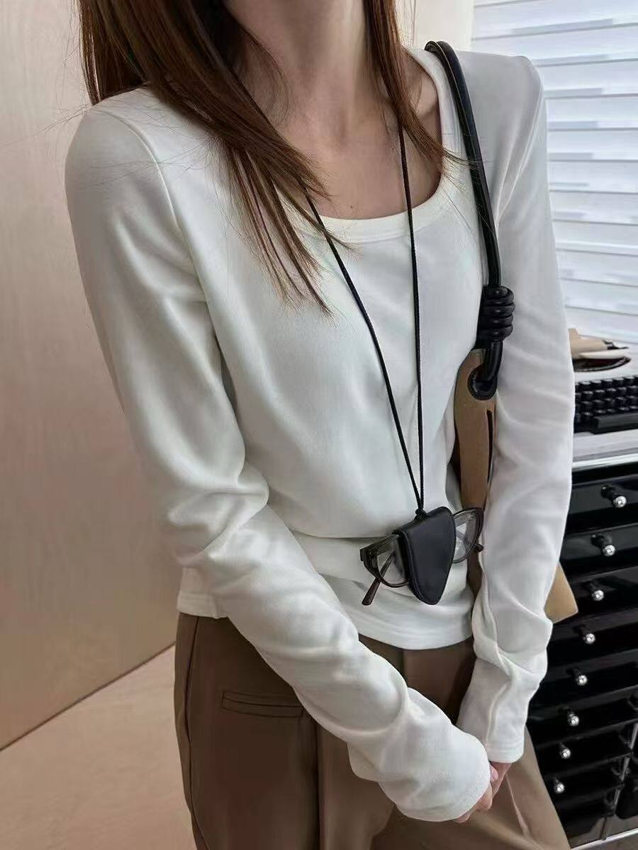 方领加绒打底衫薄绒修身时尚秋冬季女T恤极简风t血 打底衫纯棉 秒