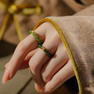 新中式和田钰碧绿色串珠碎冰冰戒指女翡翠玉石戒环学生闺蜜礼物