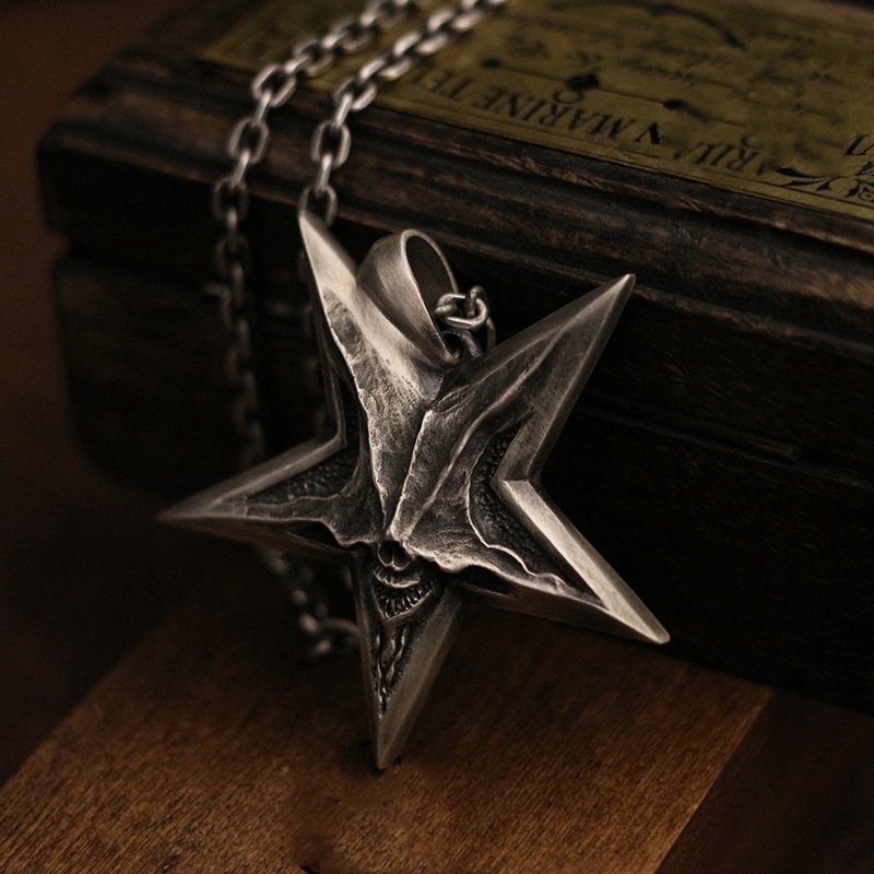 千叶复古原创五芒星手工地狱之撒旦的微笑泰银个性男款实心吊坠项