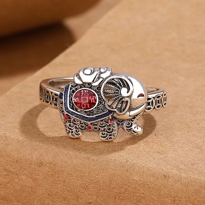 复古景泰蓝珐琅如意吉象戒指女民族风大象个性做旧活口可调节指环