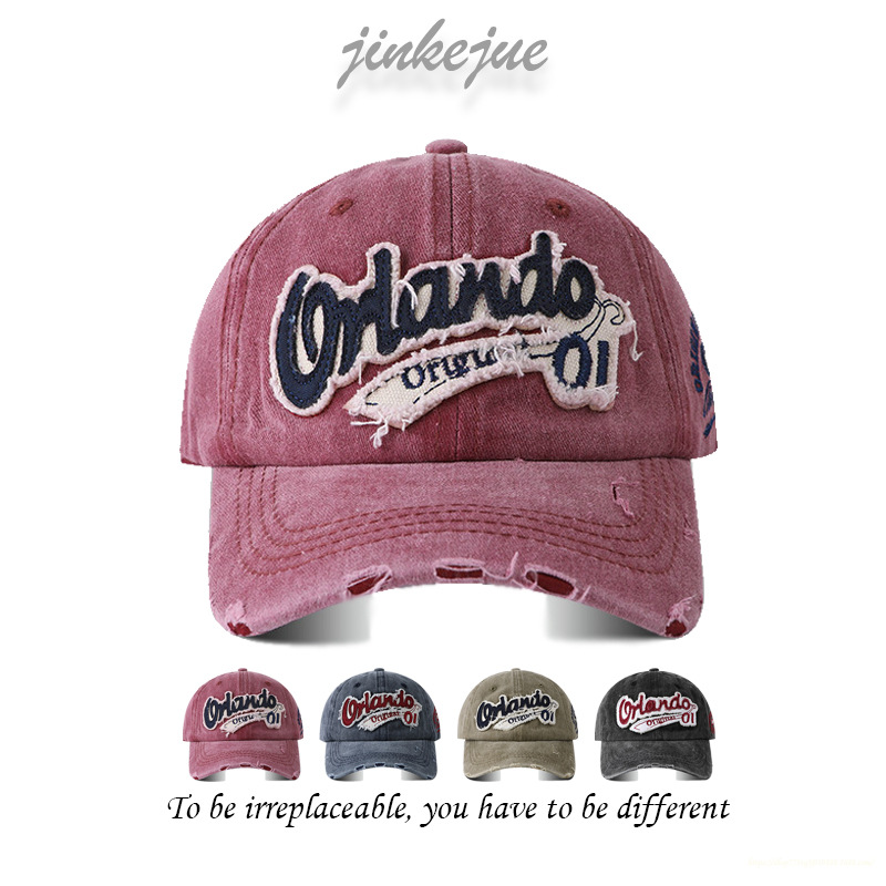 美式复古做旧棒球帽女大头围水洗破洞牛仔宽帽檐鸭舌帽撞色显脸小