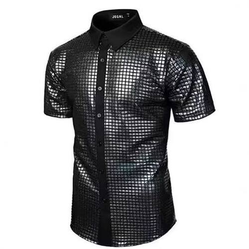 2024男式正装衬衫 亮片系扣衬衫cosplay服装翻领亮面T恤衬衫