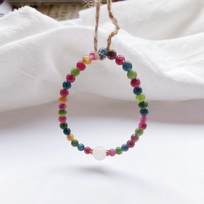 天然彩色碧玺极细白玉手链女新中式饰品碧玺串珠个性小众设计手串