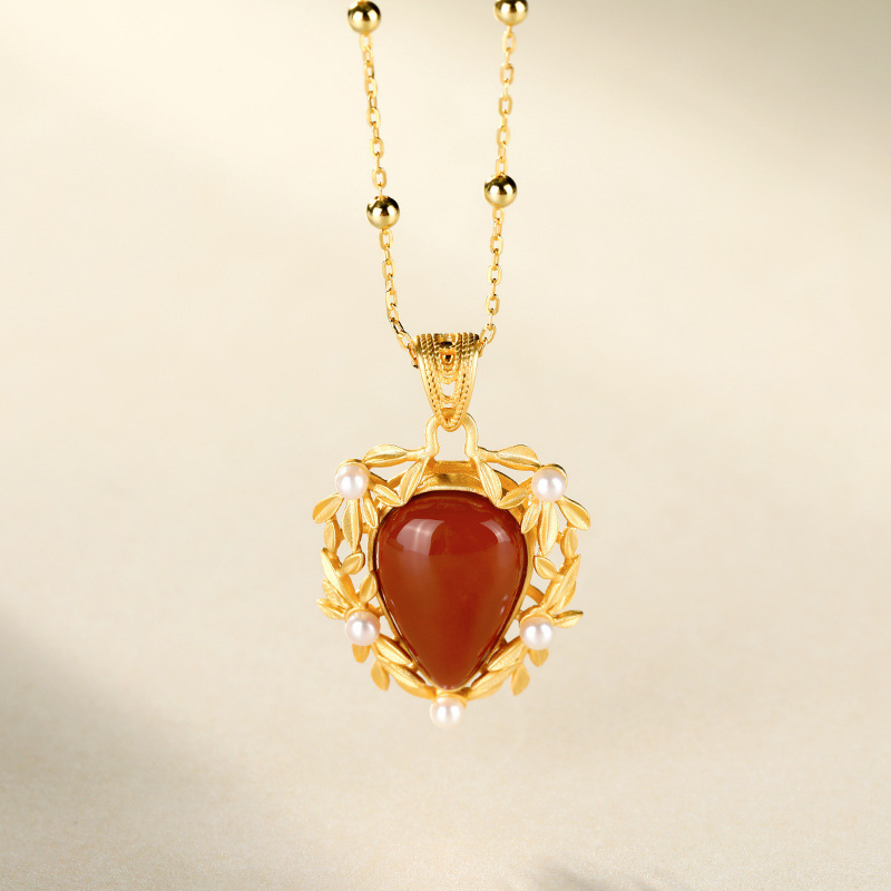 S925纯银镀金天然南红玛瑙珍珠叶子吊坠复古风感设计套链女士