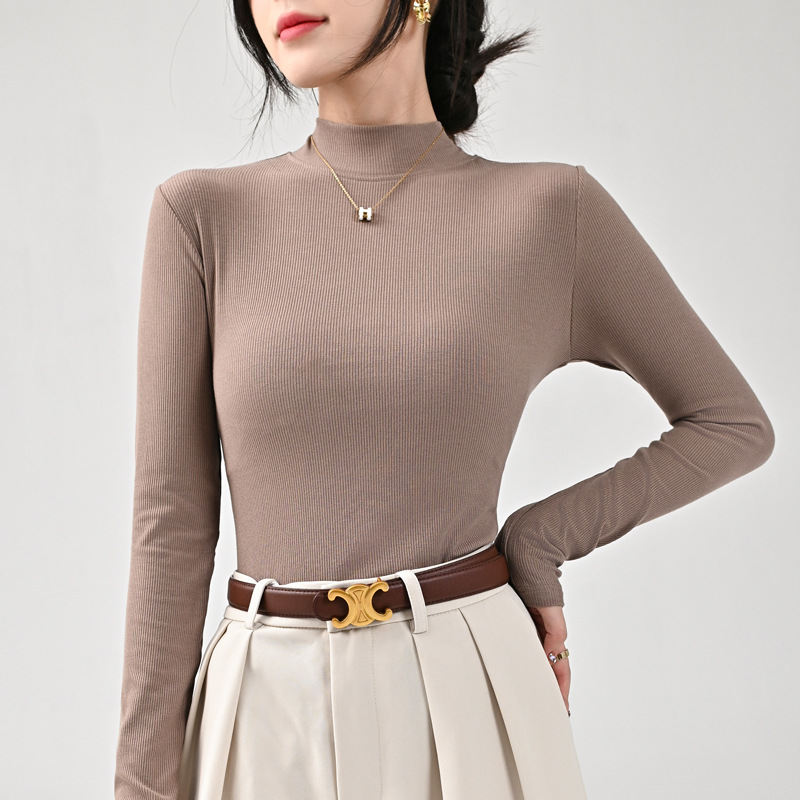 白色打底衫女秋季新款修身内搭时髦半高领恤女长袖螺纹气质上衣