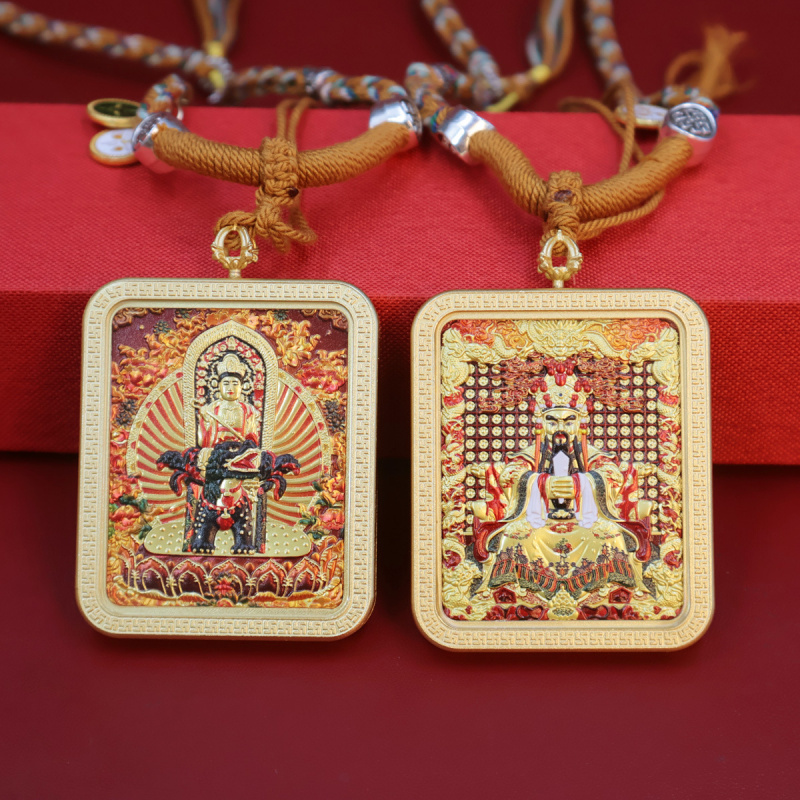 新非遗金属唐卡项链珍珠链男女藏式五爷文殊压铸彩绘唐卡吊坠项链