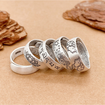 纯银999足银激光多花型个性复古藏文吉象莲花指环开口纯银戒指