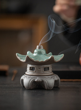 陶瓷古风小亭子香炉家用室内盘香塔香檀沉香薰炉禅意茶道桌面摆件