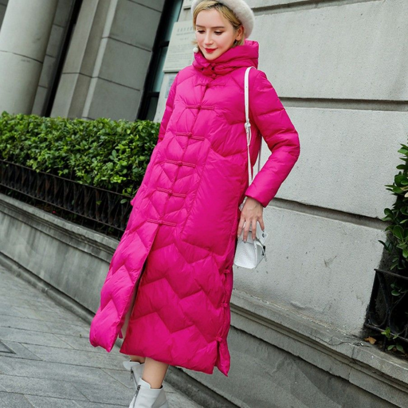 中国风民族风复古长款盘扣连帽羽绒服女冬季大码宽松