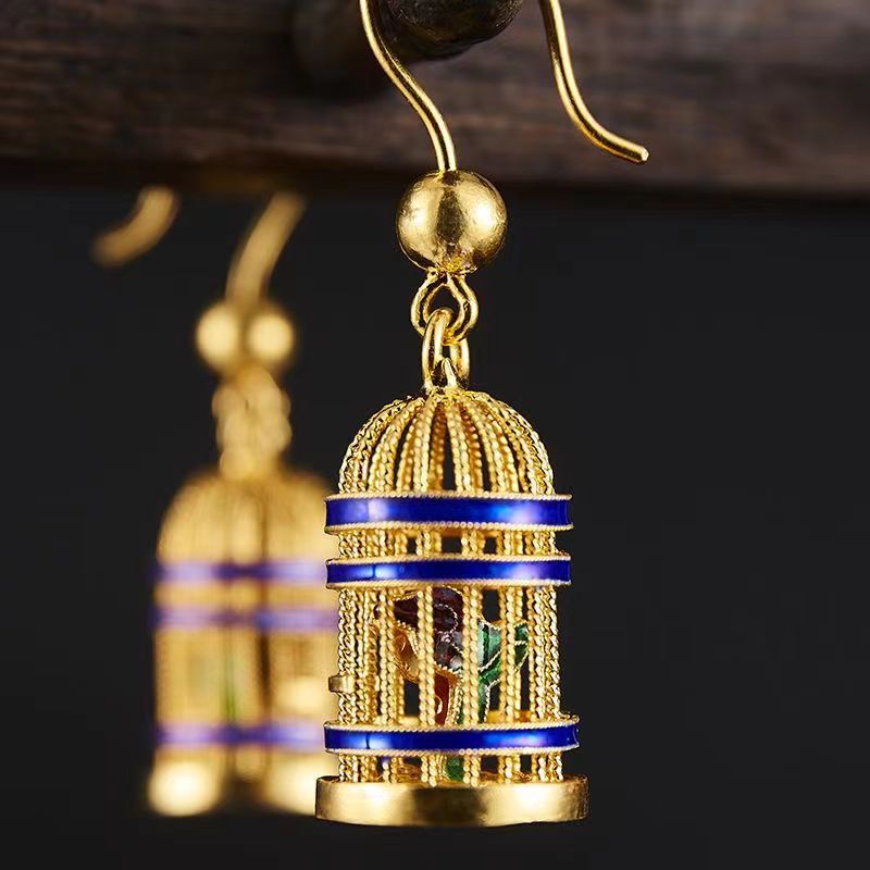 鸟笼耳坠手工花丝镶嵌掐丝复古故宫文创中国风烧蓝故宫鸟笼耳