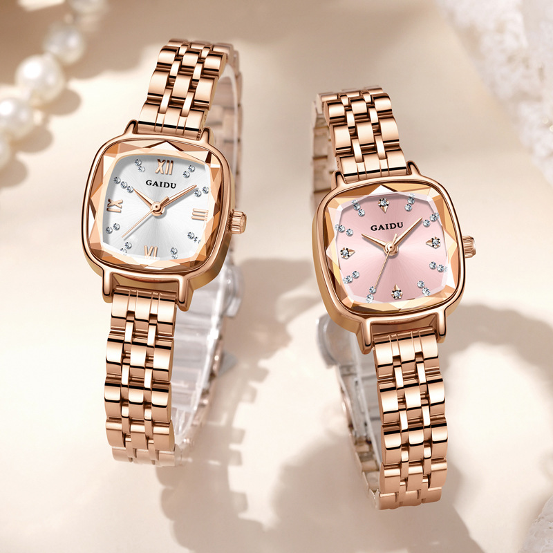 直播女款精致小巧钢带女表玫瑰金复古时尚水钻方形女士手表简约表
