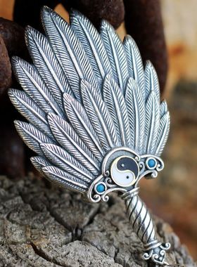 东风太极羽扇小扇子吊坠项链泰银男女款汉服配饰扇子古风复古挂件