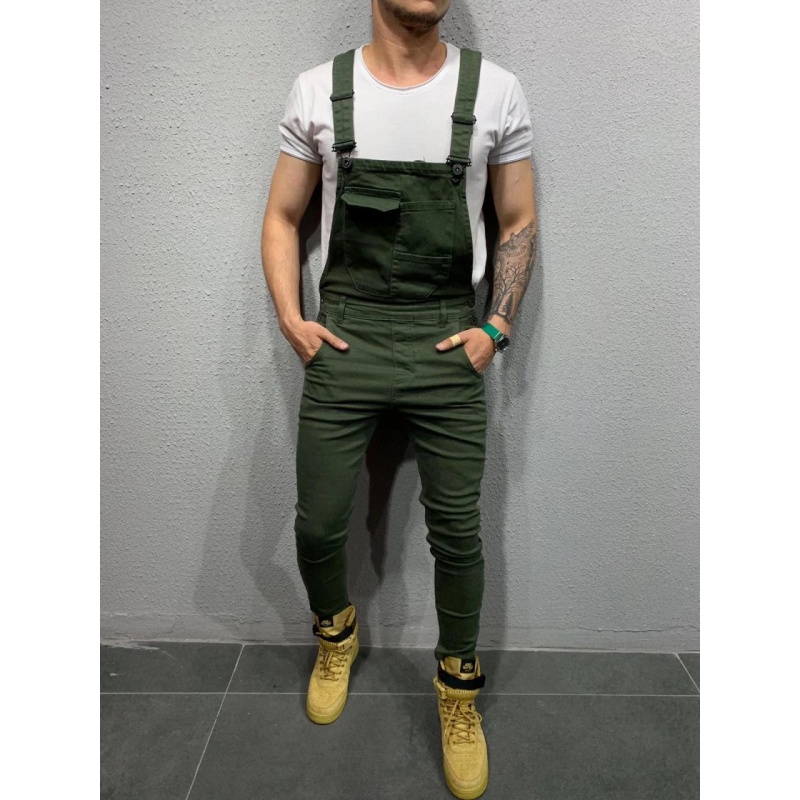 外贸新款欧美男士扎染牛仔连体长裤亚马逊男式修身纯色背带裤