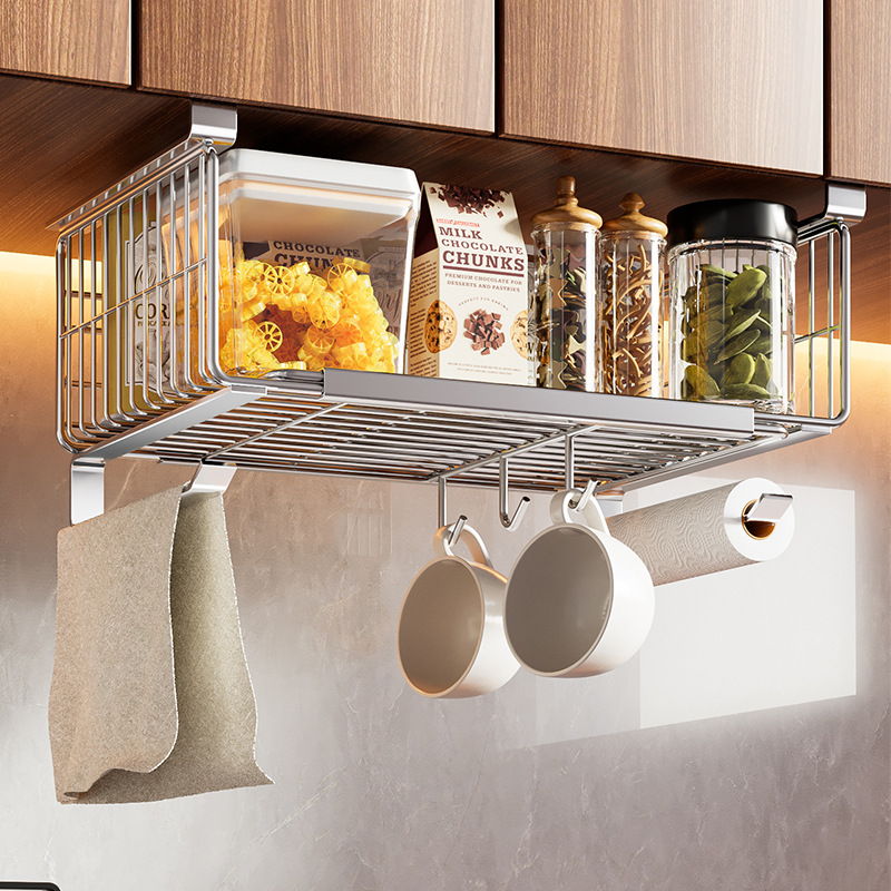 不锈钢厨房分层置物架悬挂收纳调料挂篮免安装橱柜内下挂架子