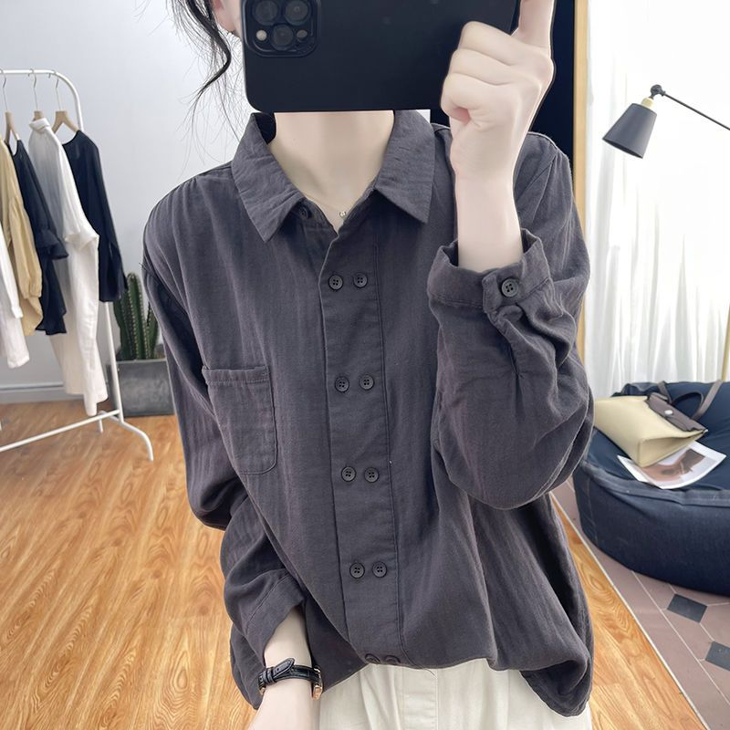 韩版双排扣棉麻长袖衬衫女装春秋