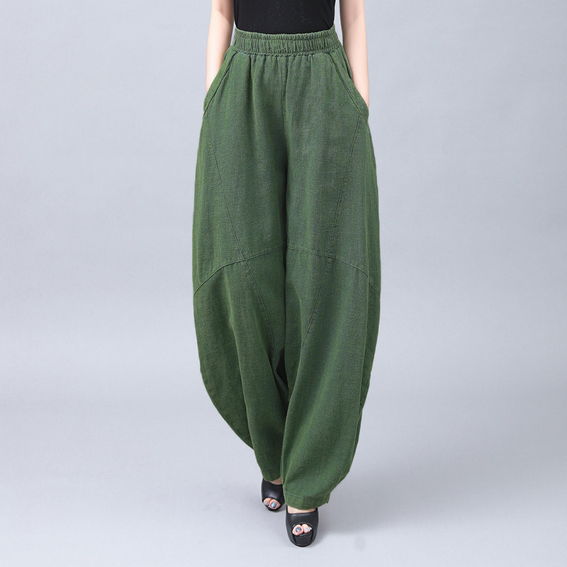 春秋季新款棉款萝卜裤子松紧腰禅意哈伦裤女文艺复古棉麻宽松裤子