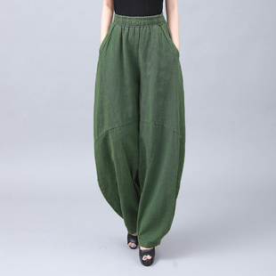 春秋季新款棉款萝卜裤子松紧腰禅意哈伦裤女文艺复古棉麻宽松裤子