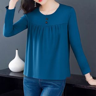 休闲上衣圆领纽扣设计宽松遮肚显瘦女装 春秋季 妈妈装 长袖 T恤 大码