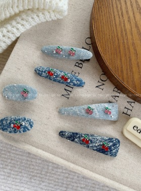 韩版樱桃镶钻蓝色水洗牛仔bb发夹 质感高级感水钻边夹发饰女