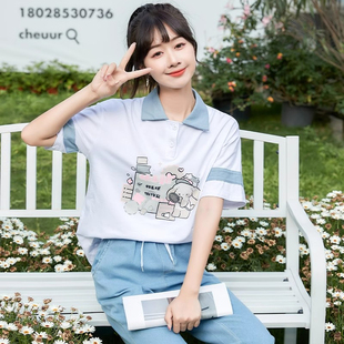 今年新款初中高中学生宽松翻领短袖t恤女夏七分时尚韩版上衣班服