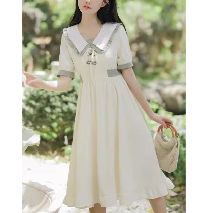 小清新文艺连衣裙少女夏装新款初中高中学生森系仙女娃娃领长裙子