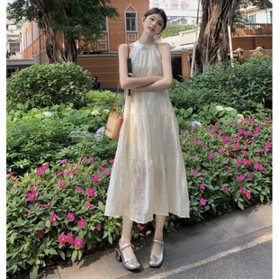 小个子法式复古蕾丝挂脖连衣裙夏季新款性感无袖露肩大摆长裙子女