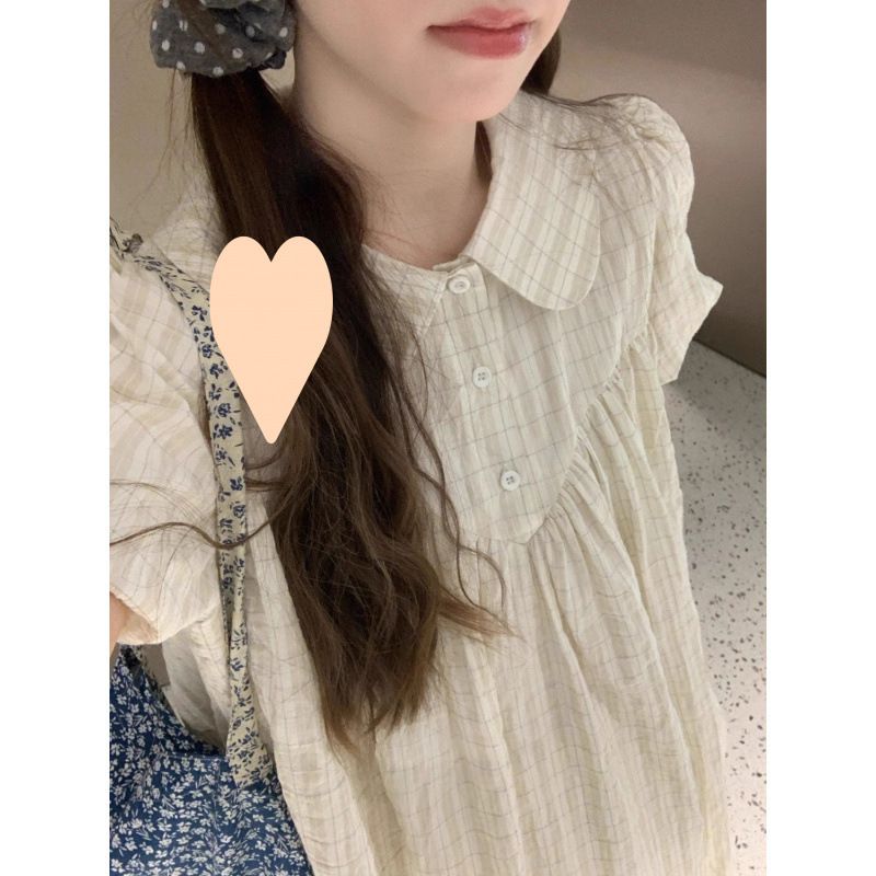 大码女装微胖mm夏季日系复古宽松遮肉显瘦格子娃娃领泡泡袖连衣裙