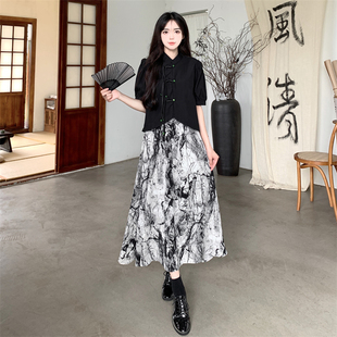 微胖MM新中式国风短袖衬衫套装夏季新款水墨半身裙子设计感两件套