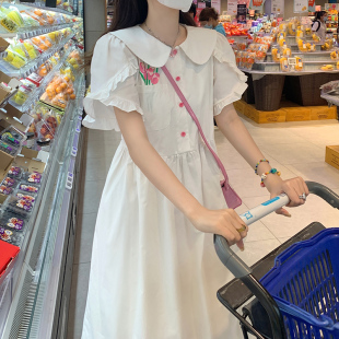 温柔风甜美连衣裙女学生韩版收腰显瘦少女超仙娃娃领初恋中长裙子