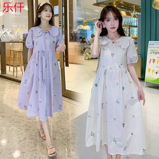新款 女大童连衣裙夏装 学院风初中学生少女甜美刺绣娃娃领过膝长裙