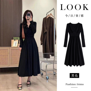 打底长裙 高级感连衣裙子设计感内搭长袖 春秋新款 女黑色赫本风法式