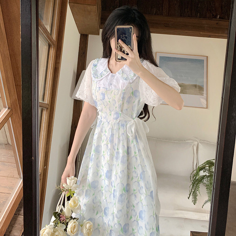 碎花连衣裙少女夏季2025新款初中高中学生森系甜美收腰过膝长裙子
