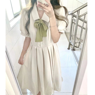 今年夏季新款POLO领收腰小个子短袖连衣裙女蝴蝶结教资面试中长裙