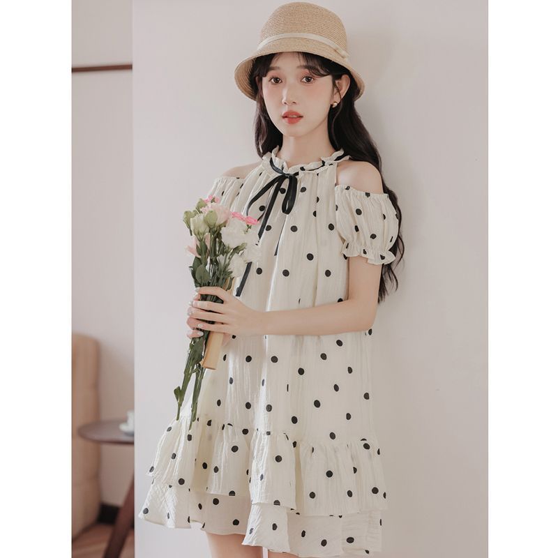 度假风小个子露肩挂脖连衣裙女夏裙子宽松短袖波点气质蓬蓬娃娃裙