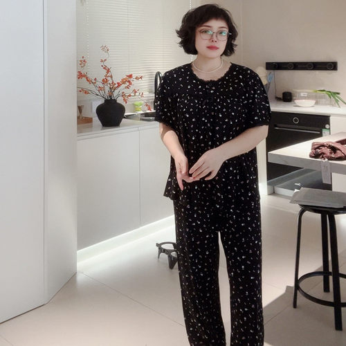 大码女士碎花薄夏螺纹棉半袖九分裤舒适凉爽弹力好胖MM家居服套装