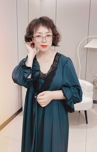 温柔性感大码 法式 冰丝系带两件套睡裙蕾丝花边胖mm宽松舒适纯色