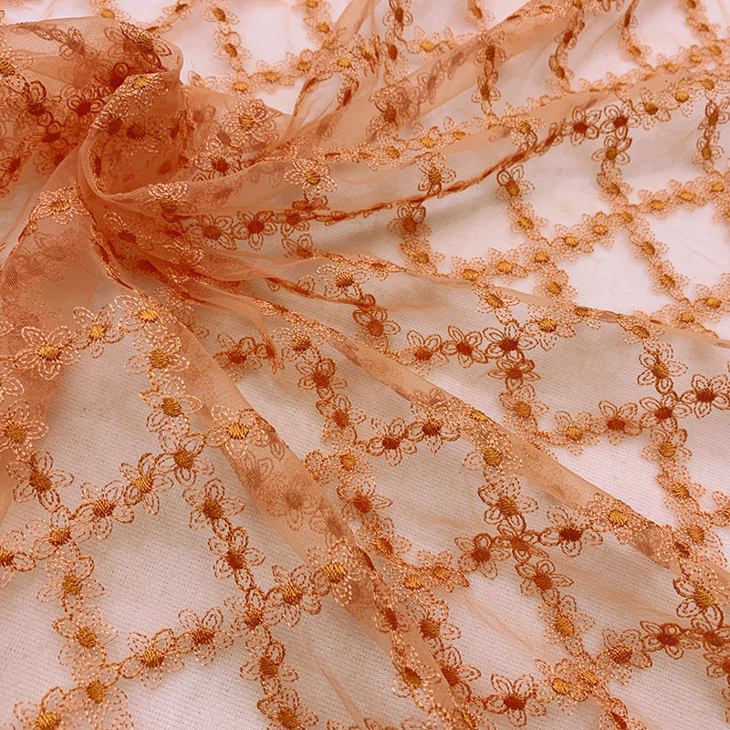 橙色台湾蕾丝定染面料菱格绣花菱海绵垫/布料/面料/