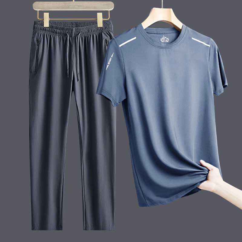 2026新款夏季爸爸装短袖运动服男装夏装套装中老年冰丝速干t恤男
