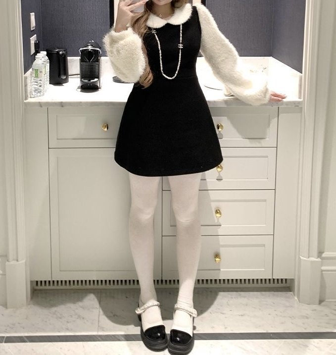 不火安妮撞色微米短绒拼接呢子连衣裙女微胖大码假两件收腰裙子,女装/女士精品,连衣裙,淘宝优惠券,粉丝福利购,淘宝优惠卷