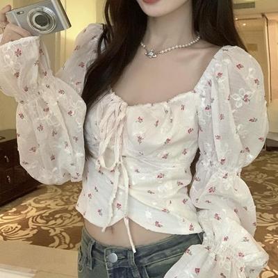 聚酯纤维法式甜美方领泡泡袖衬衫