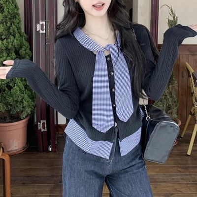 大码假两件polo领长袖针织衫女秋季洋气微胖修身显瘦格子拼接上衣