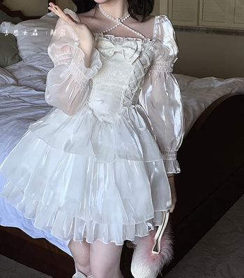 大码女装胖mm温柔甜美生日公主裙长袖白色蕾丝拼接修身显瘦连衣裙