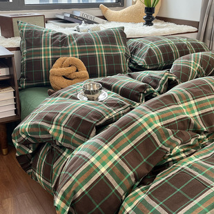 月光巴士复古风森绿格子纯棉床上四件套全棉1.5m1.8床单被套3件套